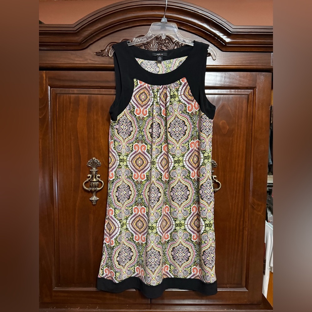 Style & Co. Black-Yoke Multicolor Printed Midi Dress
